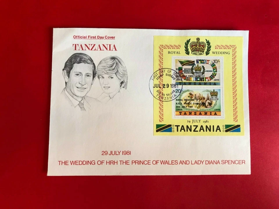 TANZANIA 1981 FDC PRÍNCIPE CHARLES PRINCESA DIANA BODA SOBREIMPRESIÓN MINISHOJA Foto 1 de 1