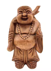 Buddha Hotei Buddha Hotei Buddha portafortuna in legno intagliato a mano vintage 8"H, marcato - Foto 1 di 11