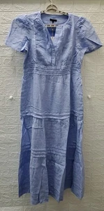 New QUINCE 100% European Linen Tiered Short Sleeve Maxi Dress Blue Size L - Picture 1 of 6