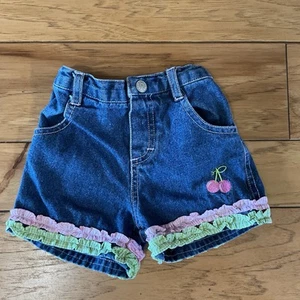 Vintage 2004 Baby Girl Denim Cherry Ruffle Shorts EUC 3-6 Months - Picture 1 of 5
