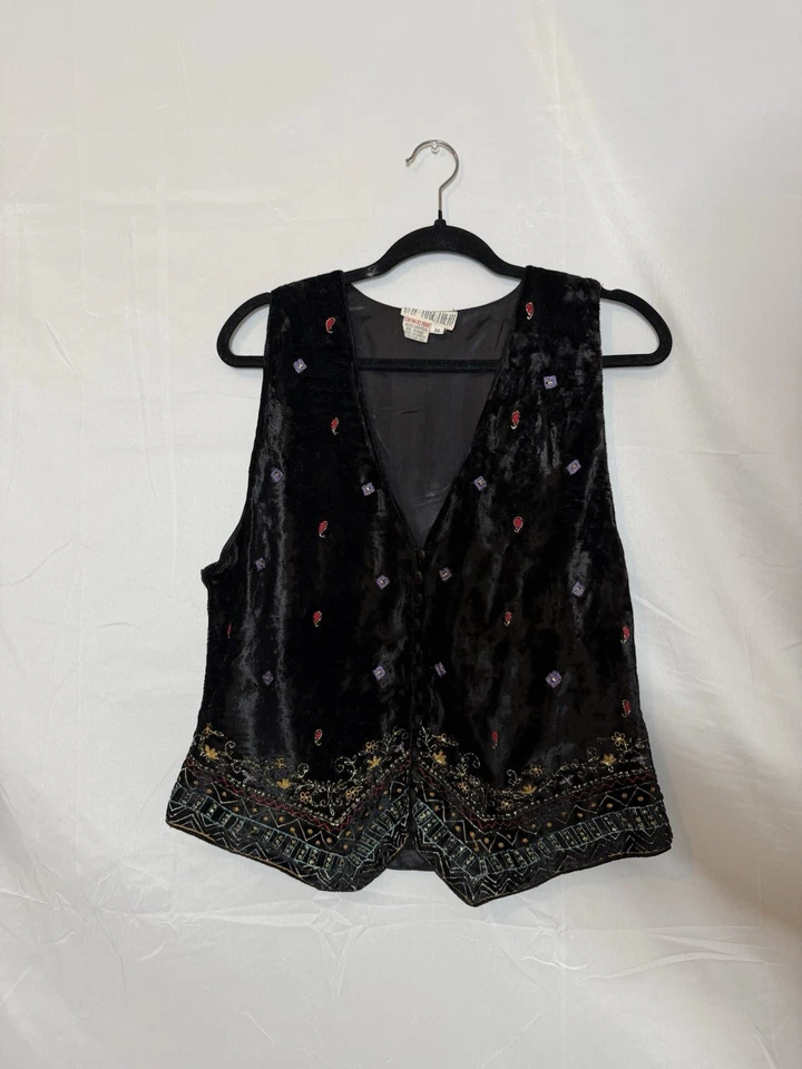 De colección Hecho en la India Juntos! Chaleco abotonado de terciopelo negro bordado para mujer Foto 1 de 4