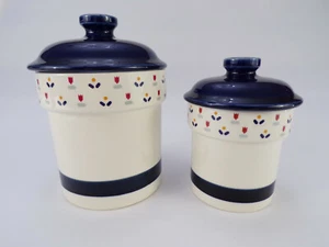Two Vintage Sango Country Borders Jars Cobalt Blue Cover Folk One 6" One 5" b23 - Picture 1 of 9