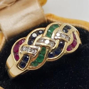 Geflochtener Multi-Edelstein 14K Gold Ring ~ Größe 10 - Bild 1 von 12