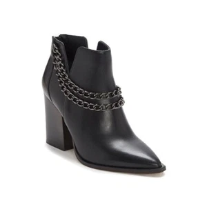 Mujer Negro Imitación Cuero Punta Tacón Botines Doble Cadenas (Talla 5) - Imagen 1 de 7