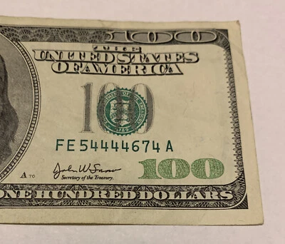 2003 A Series $100 FRN Fancy S# Containing 4,5,6 & 7 : FE 54444674 A - Image 1 of 3