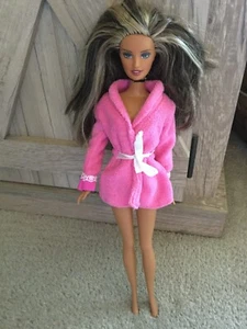 Barbie Doll Bath Robe Solid Bubble Gum Pink Color Terry Cloth White Ties - Picture 1 of 9