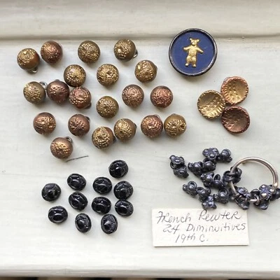 Antique Buttons French Pewter Diminutives Bear 19th Cent Bronze Black Glass VTG - Image 1 of 4