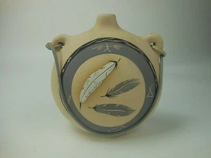 Grey Feather Pottery Vase w Handles Leather Cord 6 Inch Hand Painted 1984 - Picture 1 of 10
