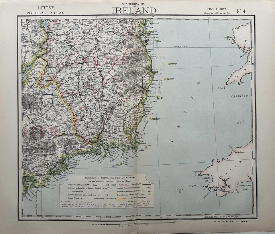Mapa a color antiguo original de Irlanda del Sudeste de 1883 por Letts Foto 1 de 3