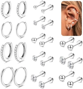 12 Pairs Earrings Surgical Steel Flat Back Stud Hoop Earrings Set Silver/Gold - Picture 1 of 15