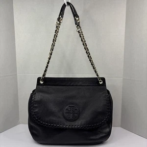 Bolso de hombro Tory Burch Marion de cuero guijarro negro con montura Whipstitch - Imagen 1 de 10