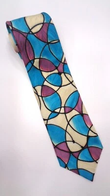 Винтажный галстук RIVELLINO из витражного стекла с геометрической тематикой синий/лавандовый б/у в отличном состоянии - Изображение 1 из 4