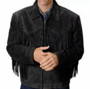 Men’s Black Genuine Suede Leather Jacket With Fringe Western jacket Cowboy Style - Picture 1 of 3