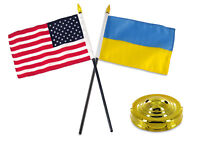 UKRAINE TRID. COUNTRY 4"X6" inch stick flag with GOLD STAND on 10" plastic pole 