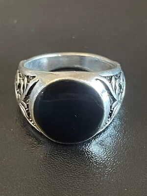 Круглый черный обсидиан камень S925 штамп серебро покрытием мужчин женщина кольцо размер 7,5 - Изображение 1 из 4