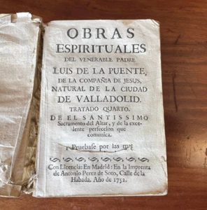 OBRAS ESPIRITUALES SPIRITUAL WORKS OF LUIS DE LA PUENTE 1752 VELLUM BINDING - Bild 1 von 6
