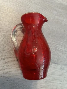 Vintage Red Orange Crackle Blown Art Glass Creamer Small Pitcher Clear Handle - Picture 1 of 11