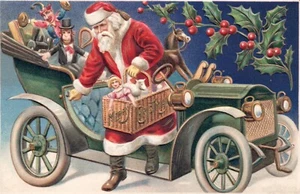 Babbo Natale pesante in rilievo che porta giocattoli per tutti Babbo Natale auto cartolina d'epoca Babbo Natale - Foto 1 di 2