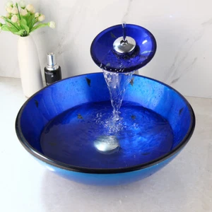 Blue Bathroom Vessel Sink Hand Painting Vanity Basin Waterfall Faucet Tap Combo - Picture 1 of 11