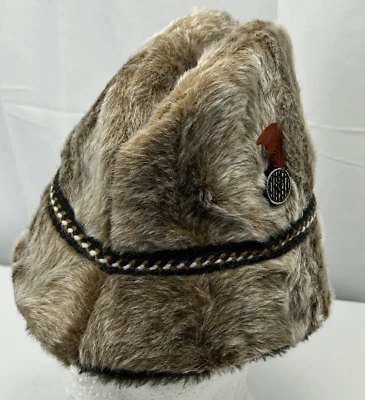 Faux Fur Winter Hat Size Small Tan Embroidered Braid Red Feather Vintage 60’s - Image 1 of 4