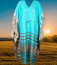 Boho Womens Kaftan Turquoise Gift For Her Cruise Beach Coverup Gift Dress L-2Xl