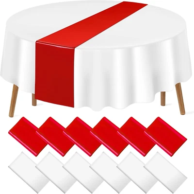 12 Pack 12X108 Inch Satin Table Runner and 84 Inch round Plastic Tablecloths Set - Image 1 of 4