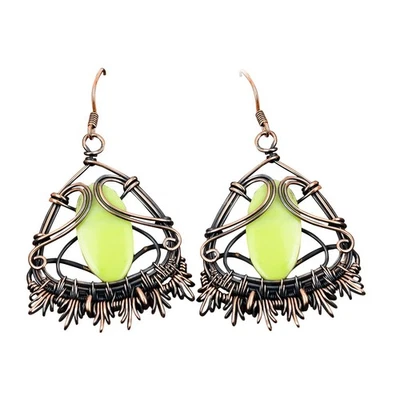 Daughters Day Sale Copper Oval Serpentine Gemstone Dangle Wire Wrapped Earrings - Image 1 of 4