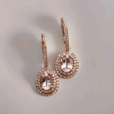 Pendientes ovalados de morganita y diamantes con cierre de palanca en oro rosa - Como nuevos Foto 1 de 4