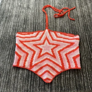 Shein Halter Top Womens S Crochet Cropped Boho Festival Red Star Triangle Hem - Picture 1 of 10