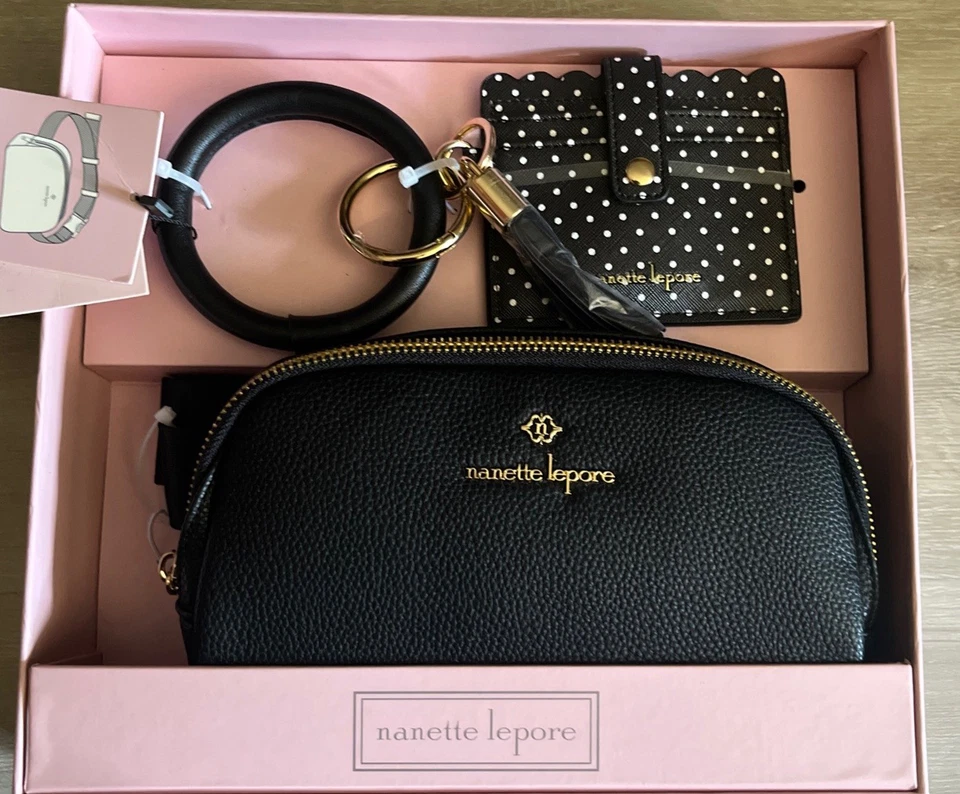 Nanette Lepore 3 Piezas Negro Cinturón Bolso/Riñonera, Estuche para Tarjetas, Llavero NUEVO EN CAJA Foto 1 de 4