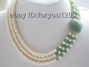 Collana 3 righe vera perle barocche bianche naturali giada verde #c67! - Foto 1 di 1