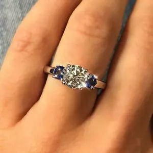 2.5Ct Round Simulated Diamond Trilogy Ring 14K White Gold Plated Blue Sapphire - Picture 1 of 10