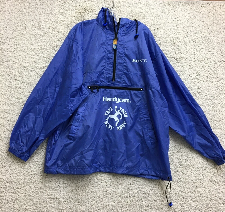 ВИНТАЖНЫЙ Sony куртка очень большой взрослых синий Handycam с капюшоном ветровка мужской XL - Изображение 1 из 4