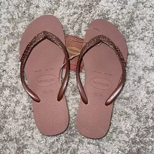 NEU Havaianas Mädchen Glitzer Rose Rosa Flip Flops Größe 3/4 Glitzer Neu mit Etikett Sandalen - Bild 1 von 5