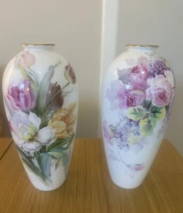 Noritake Vintage Vases Hand Painted Pink Roses Bone China Set of 2 - Picture 1 of 14