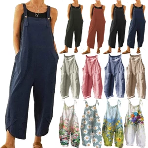 Women Boho Floral Jumpsuit Baggy Dungaree Ladies Summer Romper Playsuit Overalls - Picture 1 of 21