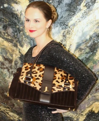 LUSH JUDITH LEIBER LEOPARD CALFHAIR LEATHER TOTE LARGE SATCHEL Handbag PURSE - Image 1 of 4