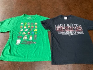 Lot of 2 Boy's Size 18 MINECRAFT Mojang GILDAN Ice Fishing T-Shirts Green Blue - Picture 1 of 9