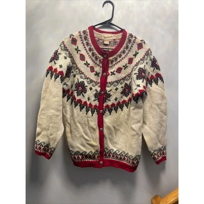 Cárdigan Woolrich Fair Isle Tejido Suéter Rojo Crema Patrón Geométrico Botones M Foto 1 de 4