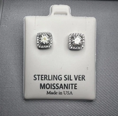 1 CT Genuine Moissanite Square Halo Stud Earrings 925 Silver GRA Certified - Image 1 of 4