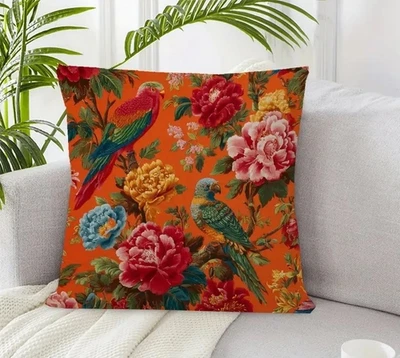 Kissen Bezug 45 cm floral Vogel Papagei Geschenk Botanik Fauna Wintergarten Büro - Bild 1 von 4