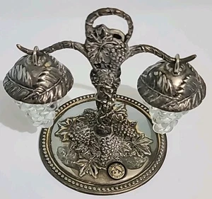 Salero y pimentero colgante de vidrio y plato de plata Godinger vintage - Imagen 1 de 13