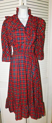 Up Beat Inc Size 11 12 Vintage 1970 80  Plaid Ruffle  Puff Sleeve Womens Dress - Image 1 of 4