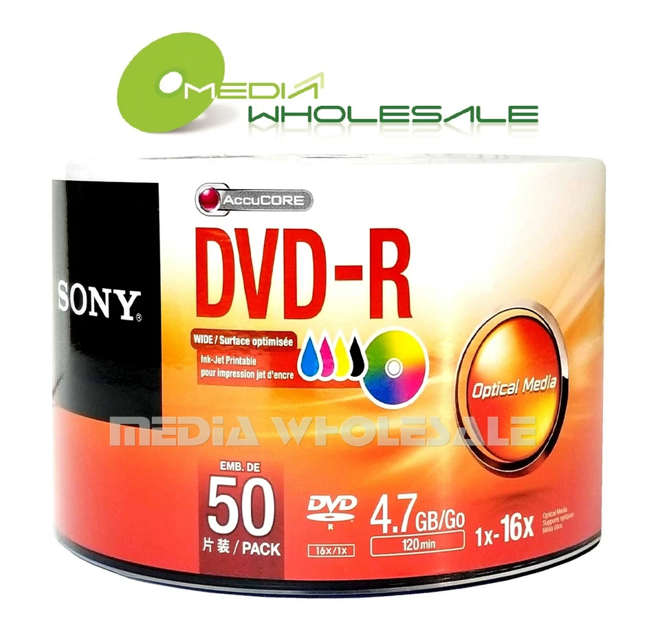 Sony Blank DVD-R DVDR 4.7GB 16X 50 Pack White Inkjet Printable – AccuCORE Discs - Image 1 of 4