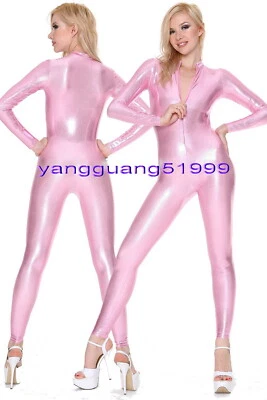 Rosa Brillante Metálico Mujeres Mallas Body Traje Gato Disfraces Yoga Cremallera Frontal F289 Foto 1 de 4