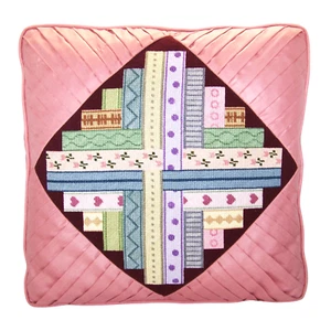 Vintage Handmade Needlepoint Pleated Pink Throw Pillow Ribbons 18" x 18" x 6" - Picture 1 of 6