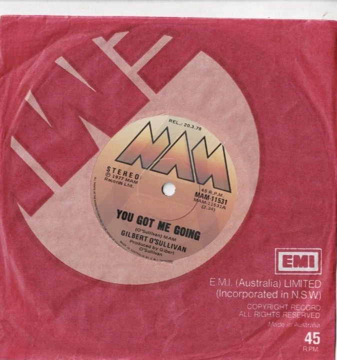GILBERT O'SULLIVAN You Got Me Going AUSSIE 7" PROMO VINYL Singer Songwriter - Image 1 of 1