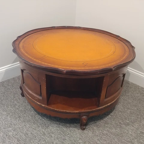 Vintage Antique 1900's round wood leather top inlay living room coffee table Cover