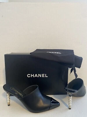NIB CHANEL 20C CC Logo With Pearls Heels Mule Pump Shoe Black Leather 37.5EU 7US - Image 1 of 4