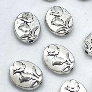 10 Antique Silver Pewter Oval Beads with Rose Flower 2 sided 11x8mm - Picture 1 of 3